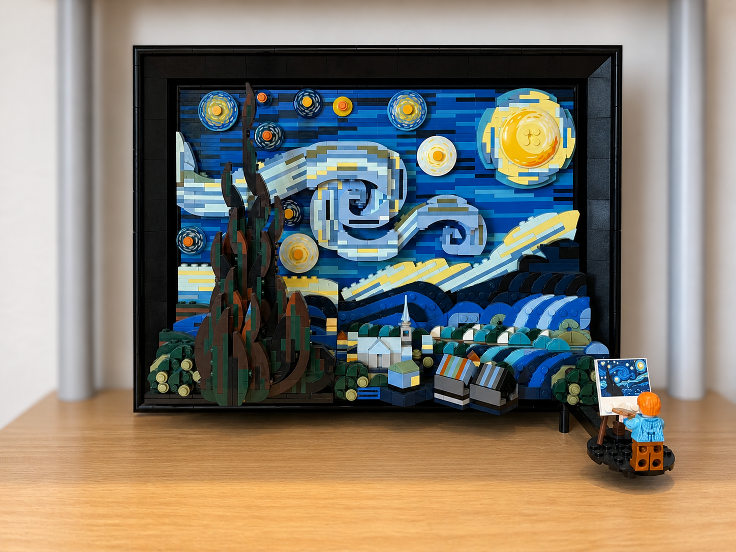 A LEGO Starry Night display with a painter scene