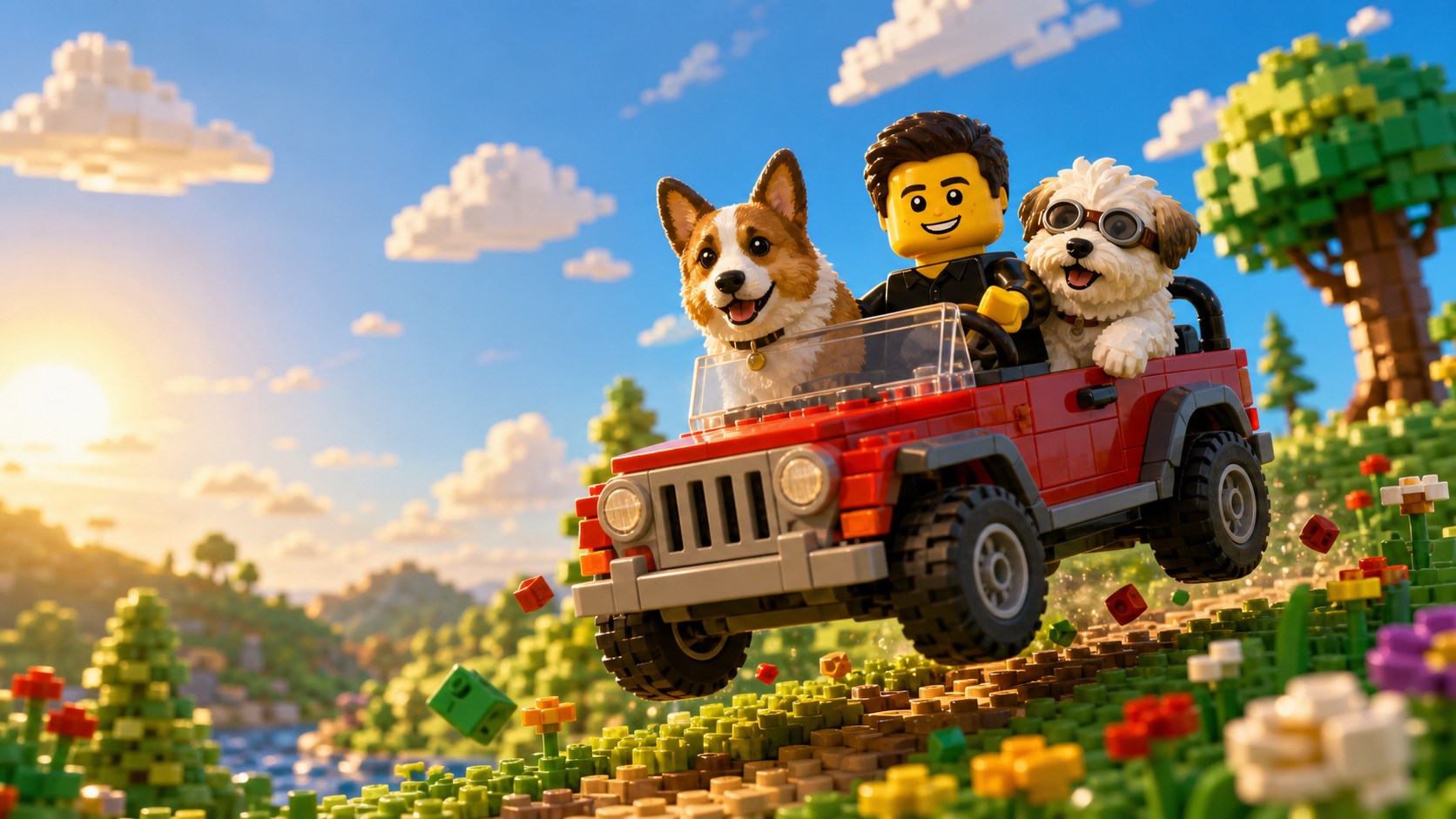 LEGO-style Ivaylo and his two dogs jumping a red brick-built adventure car over a grassy hill